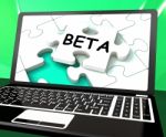 Beta Laptop Shows Online Demo Internet Software Or Development Stock Photo