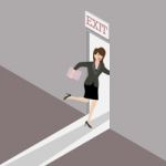 Business Woman Runs To The Exit Door Stock Photo