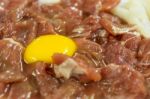 Marinate Meat From Egg Or Yolk For Barbecue Or Sukiyaki Stock Photo