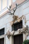 Stag And Boar Statues Over A Door In Krumlov Stock Photo