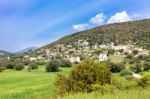 Landscape Village With Houses In Greek Valley Stock Photo