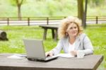 Business Lady Using Laptop In Park Stock Photo