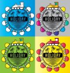 Summer Holiday Design Stamps With Cartoon Train Illustration Stock Photo