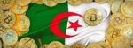 Bitcoins Gold Around Algeria Algeria Flag And Pickaxe On The Lef Stock Photo