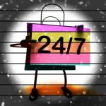 Twenty Four Seven Shopping Bag Shows Hours Open Stock Photo