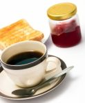 Toast And Coffee Represents Fruit Preserves And Bread Stock Photo