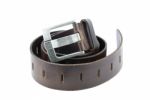 Dark Brown Leather Belt On White Stock Photo