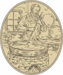 Medieval Monk Brewing Beer Oval Drawing Stock Photo