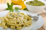 Italian Traditional Basil Pesto Pasta Ingredients Stock Photo