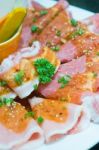 Raw Pork Marinated For Bbq In Yakiniku Restaurants,grilled Meat Stock Photo