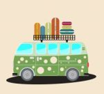  Vintage Passenger Van Car With Bag On Roof Stock Photo