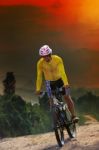 Young Man Riding Mountain Bike Bicycle Crossing Mountain Hill Ju Stock Photo