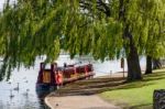 Narrow Boat Moored Under A Willow Tree In Windsor Stock Photo