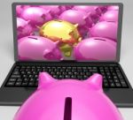 Gold Piggy Screen Shows Security And Fortune Stock Photo