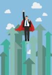 Businessman Superhero Flying Into The Sky Against Growing Up Arr Stock Photo