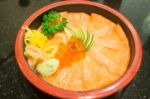 Japanese Rice Box With Salmon Sashimi Stock Photo
