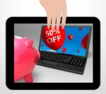 Fifty Percent Off Laptop Displays 50 Half-price Savings Stock Photo