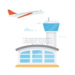Airport Control Tower And Flying Civil Airplane After Take Off Stock Photo