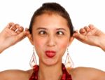 Crazy Girl Cross Eyed And Pulling Her Ears Stock Photo