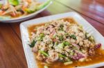 Spicy Minced Pork Salad With Roasted Rice Powder Stock Photo