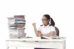 Girl Student And Big Of Book On White Background Stock Photo