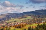 Poland Autumn Hills. Sunny October Day In Mountain Village Stock Photo
