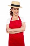 Young Baker Lady Wearing Straw Hat Stock Photo
