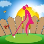 Woman Teeing Off Shows Golf Course Lady Professional Stock Photo