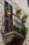 Flowers On A Balcony In Pienza Tuscany Stock Photo