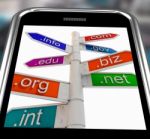 Domains On Smartphone Shows Internet Websites Stock Photo
