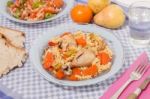 Chicken With Carrot And Spaghetti Stock Photo