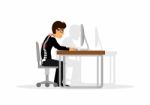 Flat Illustration For Office Syndrome. Wrong Sitting In The Workplace. Eyes Inflammation, Obesity, Stomach Ache, Knees Pain, Headache, Hands Pain, Lower Back Pain Stock Photo