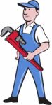 Handyman Pipe Wrench Standing Cartoon Stock Photo