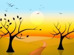 Trees Sun Indicates Birds In Flight And Branch Stock Photo