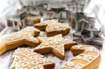 Christmas Gingerbread Cookies And Metal Cookie Cutters On White Stock Photo