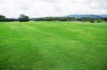 Green Lawn With Mountain Background Stock Photo