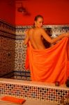 Woman In Bathroom With Towel Stock Photo