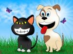 Cat With Dog Indicates Pet Grassy And Pets Stock Photo