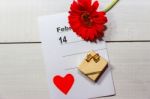 Golden Box With Flower Rings And Note For Valentines Day Stock Photo