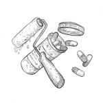 Paint Roller Medicine Pill Bottle Drawing Black And White Stock Photo