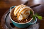 Apple Crumble Dessert With Ice Cream Stock Photo