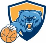 Grizzly Bear Angry Head Basketball Shield Cartoon Stock Photo