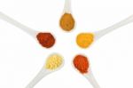 Five Seasoning Spices On Porcelain Spoons Stock Photo