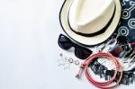 Top View Of Summer Accessories For Modern Woman On White Backgro Stock Photo