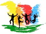 Jumping People Indicates Colorful Active And Happiness Stock Photo