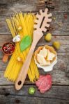 The Ingredients For Homemade Pasta Basil, Parmesan Cheese ,garli Stock Photo