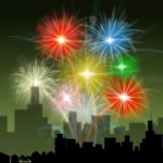 Fireworks City Indicates Night Sky And Celebration Stock Photo
