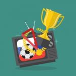 Soccer Ball And Awards On Television With Russia Flag Background Stock Photo