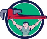 Plumber Weightlifter Monkey Wrench Circle Cartoon Stock Photo