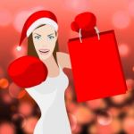 Christmas Shopping Woman Shows Retail Sales And X-mas Stock Photo